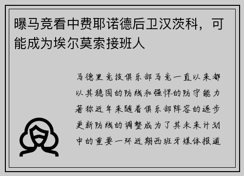 曝马竞看中费耶诺德后卫汉茨科，可能成为埃尔莫索接班人