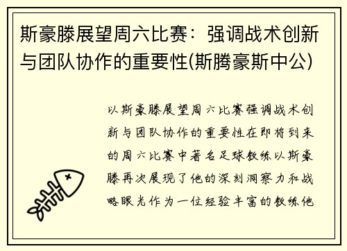 斯豪滕展望周六比赛：强调战术创新与团队协作的重要性(斯腾豪斯中公)