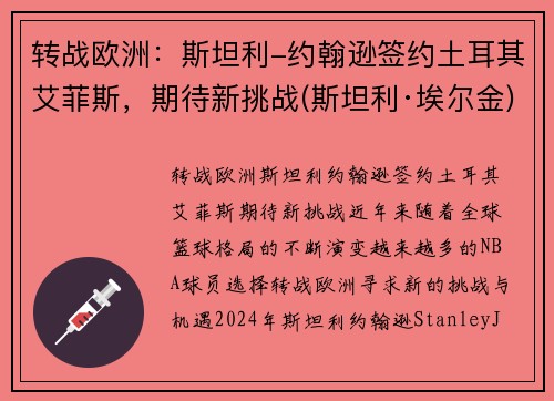 转战欧洲：斯坦利-约翰逊签约土耳其艾菲斯，期待新挑战(斯坦利·埃尔金)