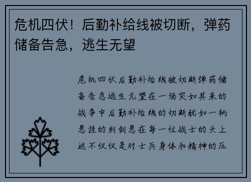 危机四伏！后勤补给线被切断，弹药储备告急，逃生无望