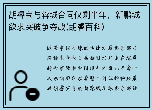 胡睿宝与蓉城合同仅剩半年，新鹏城欲求突破争夺战(胡睿百科)