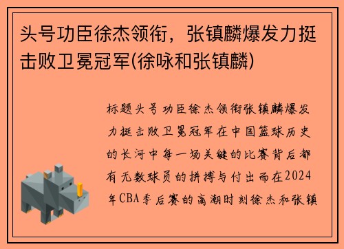 头号功臣徐杰领衔，张镇麟爆发力挺击败卫冕冠军(徐咏和张镇麟)
