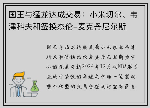 国王与猛龙达成交易：小米切尔、韦津科夫和签换杰伦-麦克丹尼尔斯