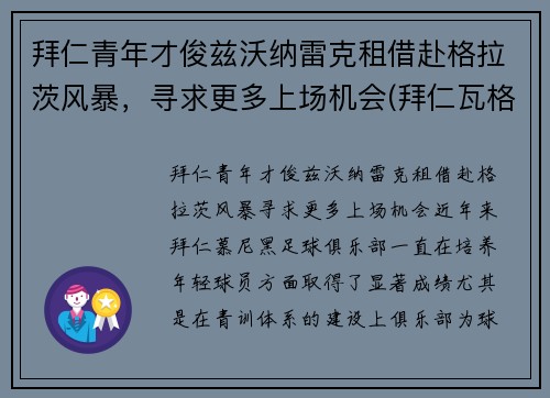 拜仁青年才俊兹沃纳雷克租借赴格拉茨风暴，寻求更多上场机会(拜仁瓦格纳)
