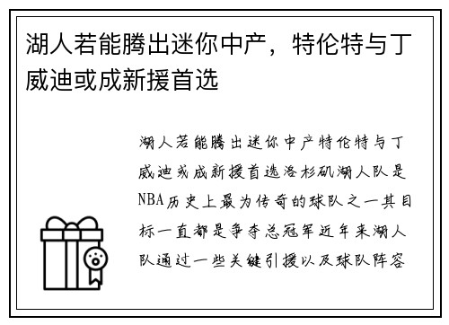 湖人若能腾出迷你中产，特伦特与丁威迪或成新援首选