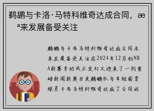 鹈鹕与卡洛·马特科维奇达成合同，未来发展备受关注