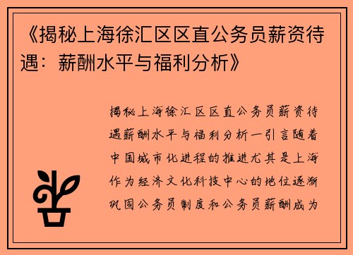 《揭秘上海徐汇区区直公务员薪资待遇：薪酬水平与福利分析》