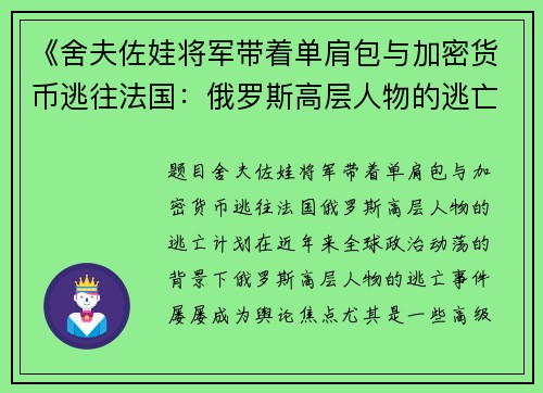 《舍夫佐娃将军带着单肩包与加密货币逃往法国：俄罗斯高层人物的逃亡计划》