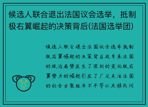 候选人联合退出法国议会选举，抵制极右翼崛起的决策背后(法国选举团)