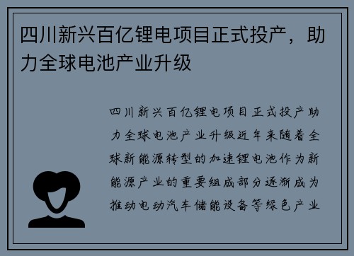 四川新兴百亿锂电项目正式投产，助力全球电池产业升级