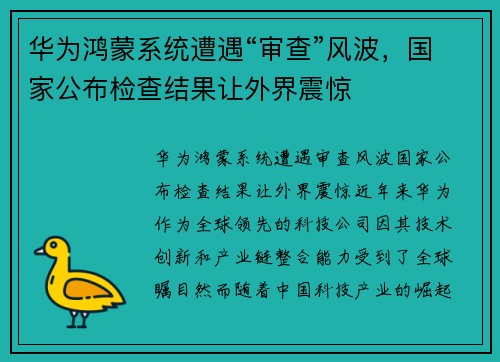 华为鸿蒙系统遭遇“审查”风波，国家公布检查结果让外界震惊