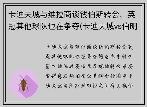卡迪夫城与维拉商谈钱伯斯转会，英冠其他球队也在争夺(卡迪夫城vs伯明翰)