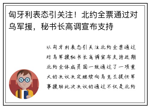 匈牙利表态引关注！北约全票通过对乌军援，秘书长高调宣布支持