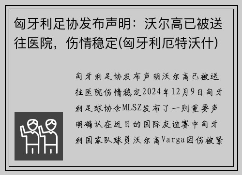 匈牙利足协发布声明：沃尔高已被送往医院，伤情稳定(匈牙利厄特沃什)