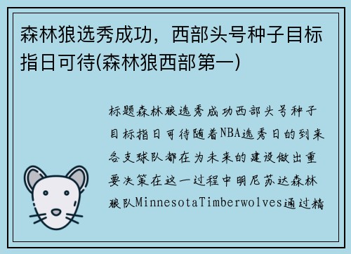 森林狼选秀成功，西部头号种子目标指日可待(森林狼西部第一)